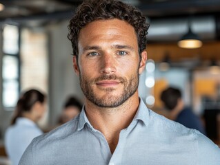 Obraz premium Handsome man with curly hair and beard wearing a gray shirt