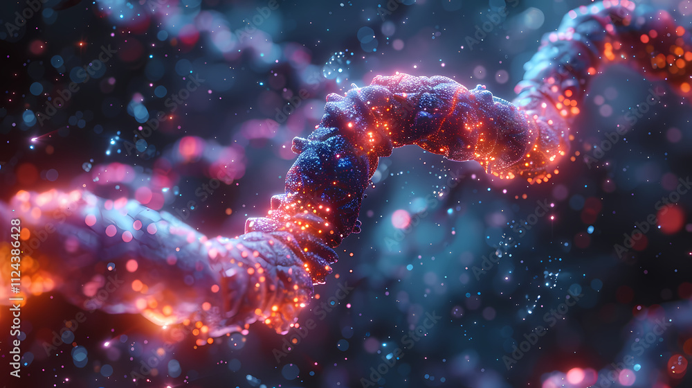 Poster glowing dna strand: a mesmerizing abstract rendering of a dna strand, glowing with vibrant red and b