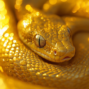 A close-up of a gold snake with hypnotic eyes.