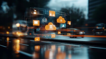 Digital cloud technology transformation urban setting infographic evening atmosphere eye-level perspective innovation insights