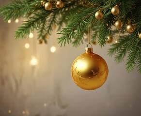 Golden Christmas ornament dangling from a thin evergreen twig, ornamental hangings, golden Christmas decorations, snowfall on the branch