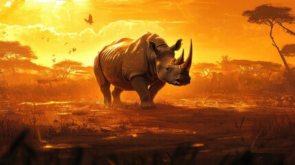Fototapeta premium Majestic Rhino Walking Through Golden African Landscape at Sunset