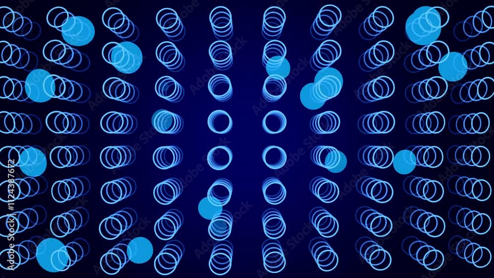 Poster animation of slowly moving light blue spring tubes on a dark blue gradient background emits blue cir