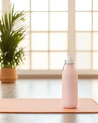 Modern fitness lifestyle with a yoga mat, reusable water bottle, and stylish activewear in a brightly lit studio Active Studio Glow Stylish Fitness Essentials Yoga Mat Serenity Modern Workout Vibes 