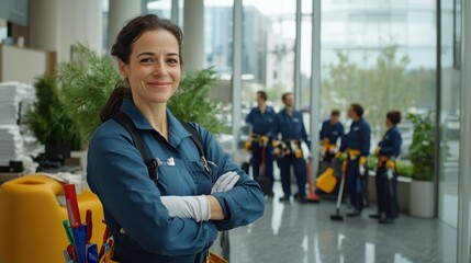 Professional cleaner in blue uniform leading team