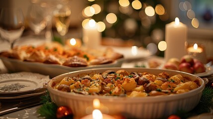 Obraz premium Festive Christmas dinner table setting with roasted potatoes and creamy mushroom bake, candles, and bokeh lights.