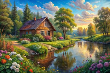 Obraz premium Create an oil painting on canvas depicting a charming old wooden house nestled near a gently flowing river.