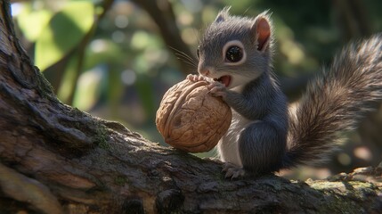 Cute Squirrel Enjoying a Walnut in a Natural Green Environment