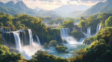 Naklejka premium Majestic Waterfalls Surrounded by Lush Green Mountains and Forests
