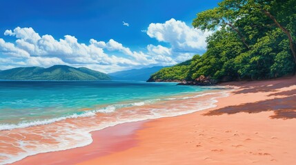 Obraz premium Serene Tropical Beach with Clear Waters and Lush Greenery