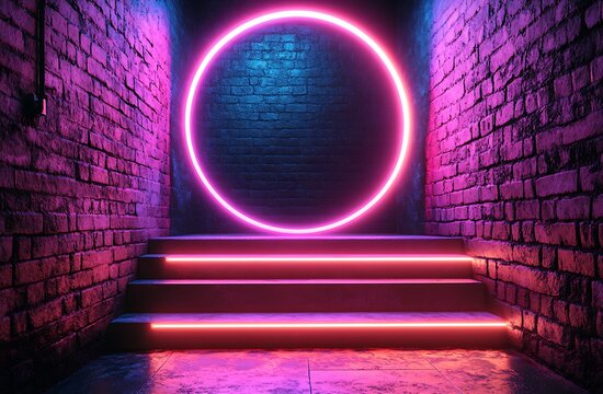 Neon Lit Brick Steps With Circular Light Feature