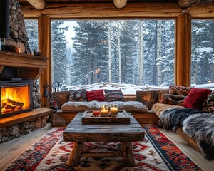 cozy winter cabin interior warm fire Rustic snowy retreat Warm alpine escape Hearthside winter charm.Rustic cabin glow.Fireside holiday haven