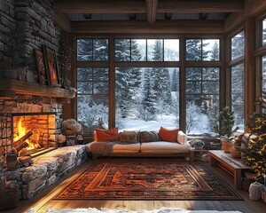 cozy winter cabin interior warm fire Rustic snowy retreat Warm alpine escape Hearthside winter charm.Rustic cabin glow.Fireside holiday haven