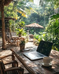 digital nomad workspace tropical Remote island office Tropical work getaway Paradise coworking spot.Beachside productivity hub.Exotic remote workspace
