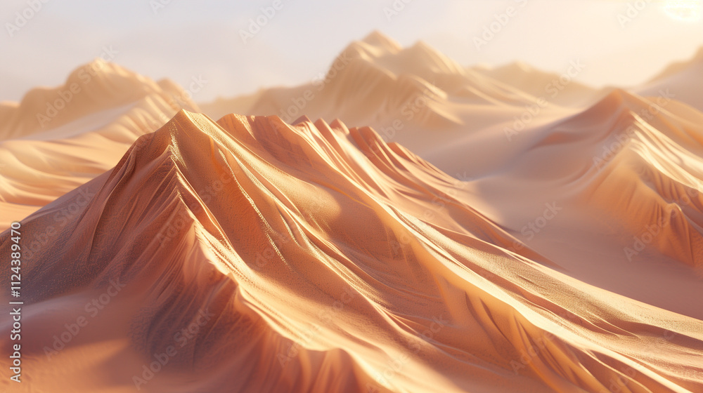 Poster towering sand dunes with sharp ridges, capturing the texture and flow of the desert sands.