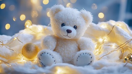 Fototapeta premium Christmas teddy bear on a background of lights.