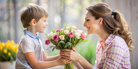 Mother and son enjoy a tender moment as he surprises her with a bouquet of flowers during a sunny spring afternoon