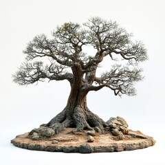 Detailed Illustration of a Majestic Tree with Intricate Roots and Branches on a Neutral Background