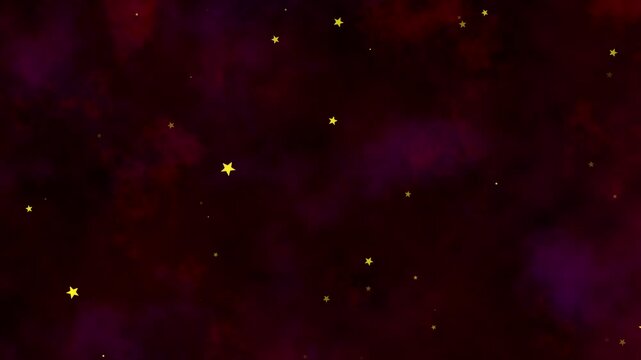 Loopable animatiom - Golden stars flying toward the camera through a deep red and purple cosmic background, creating the sensation of traveling through a festive space