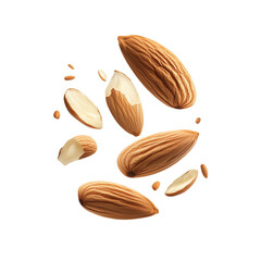 Flying almonds isolated on white and transparent background
