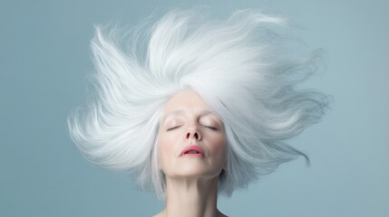Artistic gray-haired woman with hair flowing upward