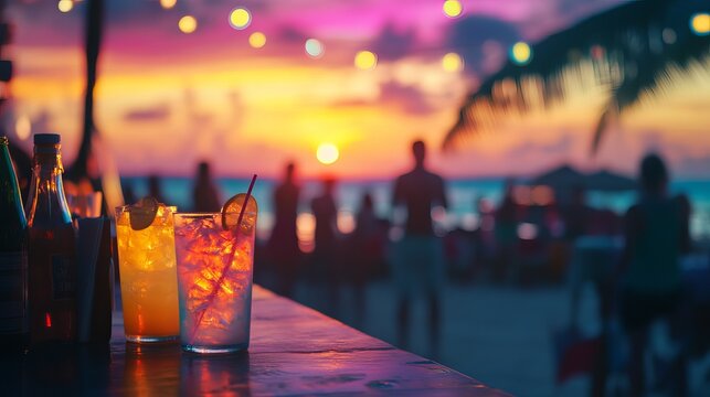 Colorful drinks in bar with blur beach party people and colorful sunset sea sky in background