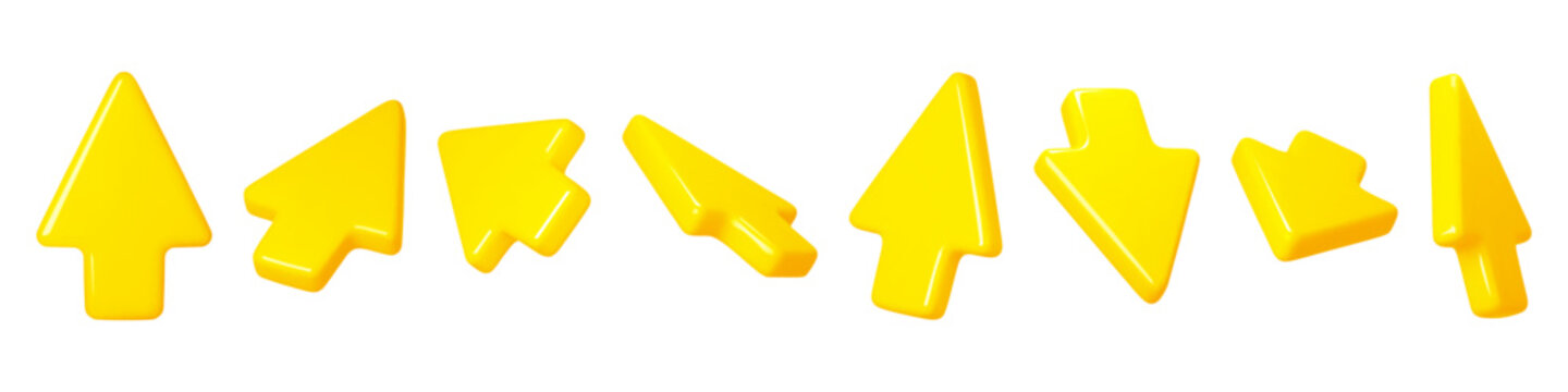 3d click cursors. Three dimensional objects, yellow arrows, different angles and directions, interactive pointers and arrows. Navigation button, ui symbol, glossy render isolated vector set