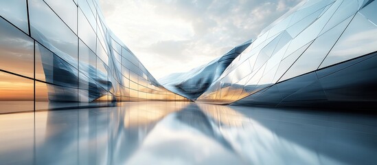 Fototapeta premium Futuristic glass building reflecting sunset.