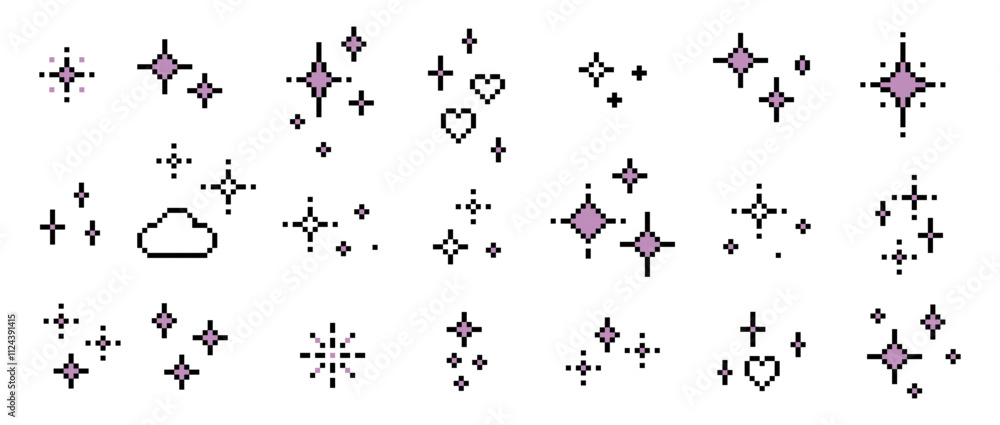 Poster spark glitter game abstract elements. pixel art star glitter pack. star shine glow icon. sparkle edi