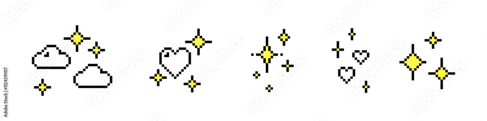 Poster set of y2k pixel icons. game abstract elements. sparkling star in pixel art. glitter stars. cute. sp