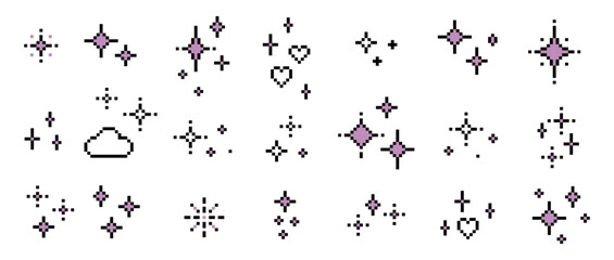 Spark glitter game abstract elements. Pixel art star glitter pack. Star shine glow icon. Sparkle editable vector illustration. Mood of 90's aesthetics. 8 bit retro style. Simple geometric form