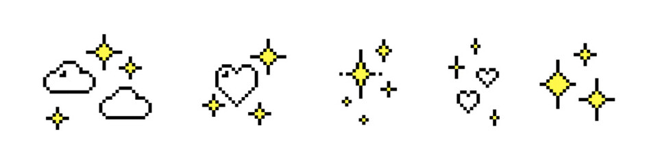 Obraz premium Set of y2k pixel icons. Game abstract elements. Sparkling star in pixel art. Glitter stars. Cute. Sparkles. Heart. 8-bit retro style vector illustration. Simple geometric shape for poster and collage
