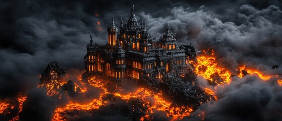 Dark castle surrounded by lava flows under ominous clouds creates a surreal fantasy landscape