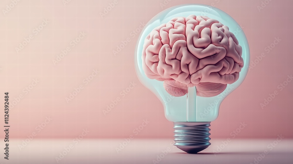 Poster brain power: a 3d brain illuminates a lightbulb, symbolizing the power of knowledge and ideas. the p