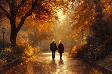 Fototapeta premium Elderly Couple Walking Hand in Hand in a Serene Autumn Park with Soft Golden Light