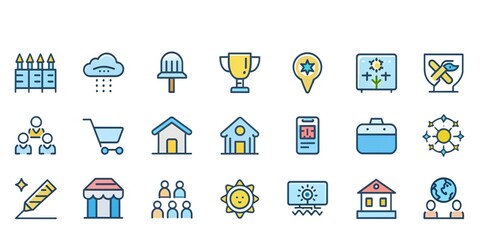 Colorful icons depicting various activities and elements related to community, nature, and everyday life
