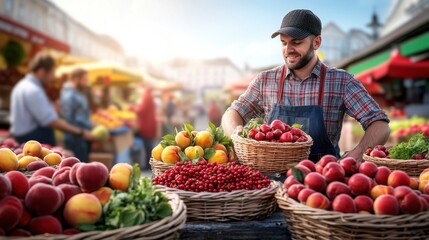 Fresh Market Stalls with Colorful Fruits and Friendly Vendor in Vibrant Outdoor Environment