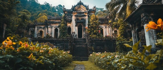 Fototapeta premium Vibrant tropical garden pathway framed by lush greenery and blooming flowers in a serene natural setting