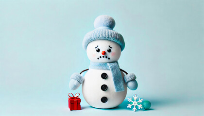 Snowman dressed in winter clothes who is sad.