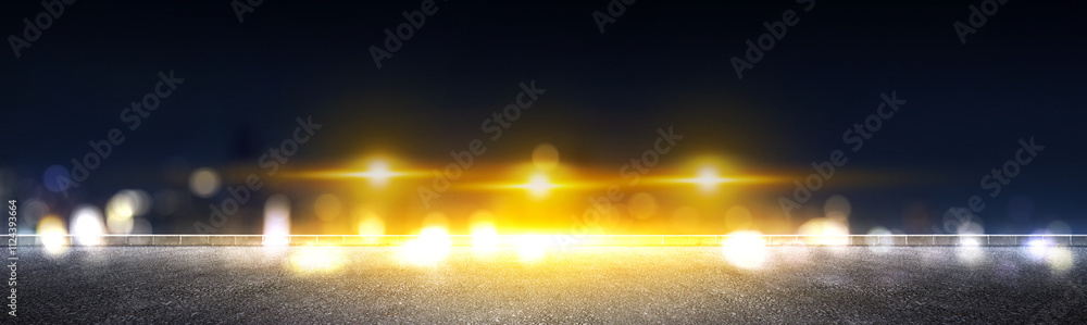 Poster empty asphalt road with view of city with colorful bokeh light background