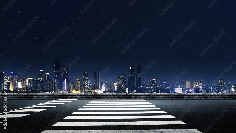 Poster empty asphalt road with pedestrian crosswalk and view of modern building skyscrapers and futuristic 