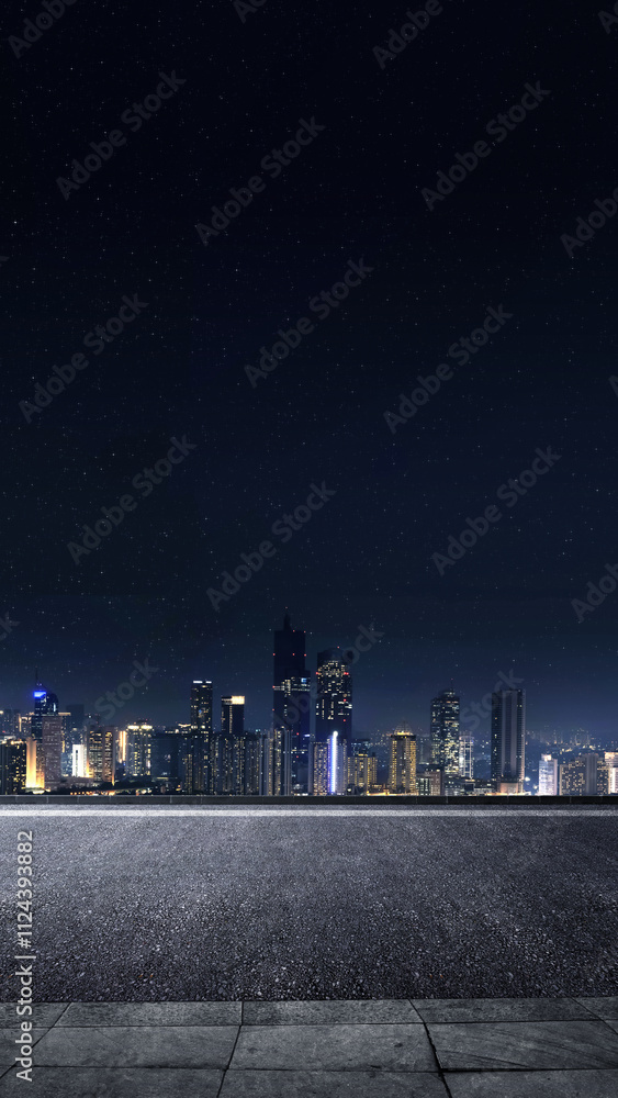 Poster empty rooftop with view of modern building skyscrapers and futuristic architecture with night scene 