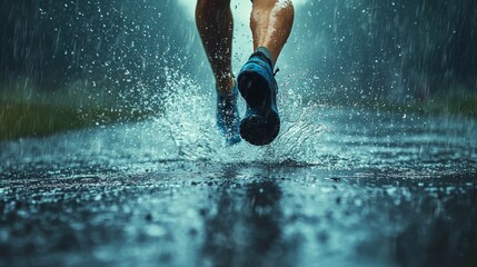 Runner splashing through rain urban street action photography dynamic environment close-up perspective energy and resilience