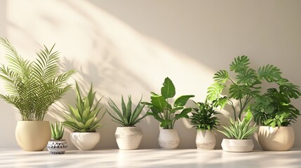 Obraz premium Home plants in pots on beige background. Plants lover concept, green interior details