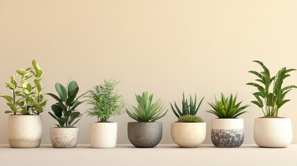 Obraz premium Home plants in pots on beige background. Plants lover concept, green interior details