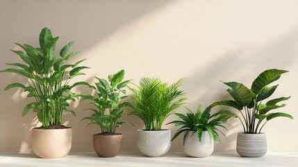Obraz premium Home plants in pots on beige background. Plants lover concept, green interior details