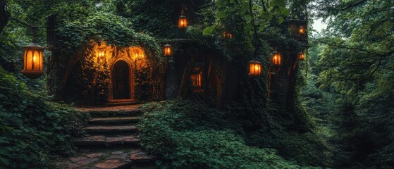 Enchanted forest dwelling illuminated by lanterns at twilight with lush green foliage surrounding the entrance