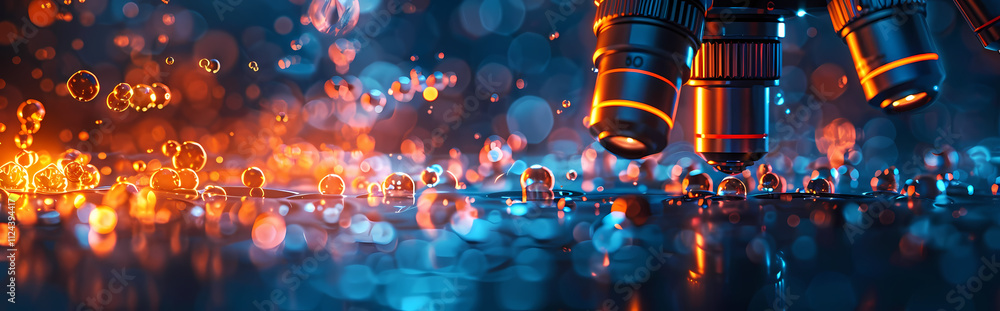 Poster microscope lens with bokeh: a close-up, abstract shot of a microscope lens with vibrant bokeh lights