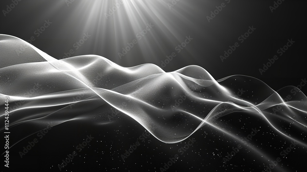 Poster abstract dark silver wave pattern in delicately rendered gradient shape with light black background,