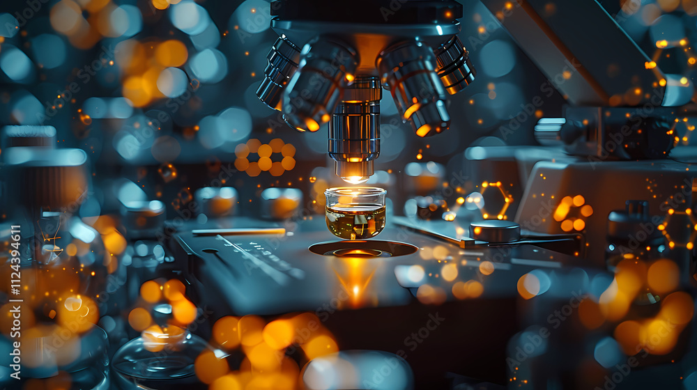 Poster microscopic exploration: a close-up shot of a high-powered microscope poised over a sample, illumina